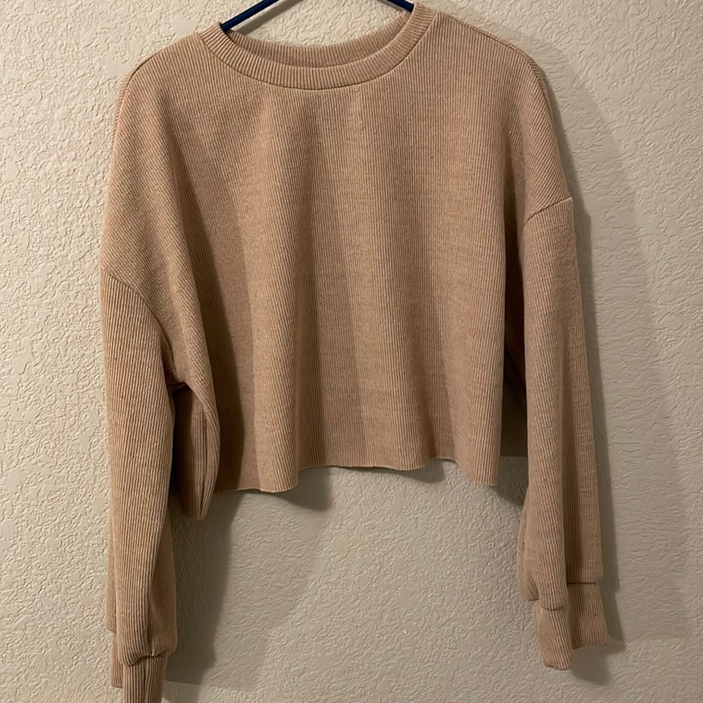 SHEIN tan ribbed cropped sweater.